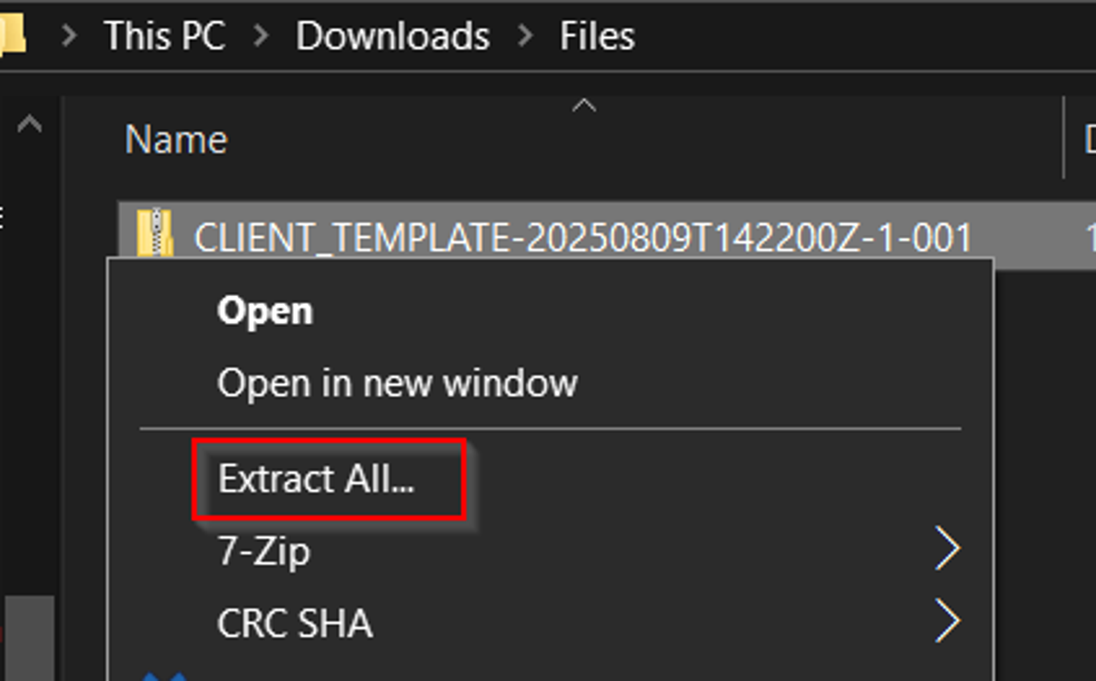 Windows Extract All command for the downloaded folder