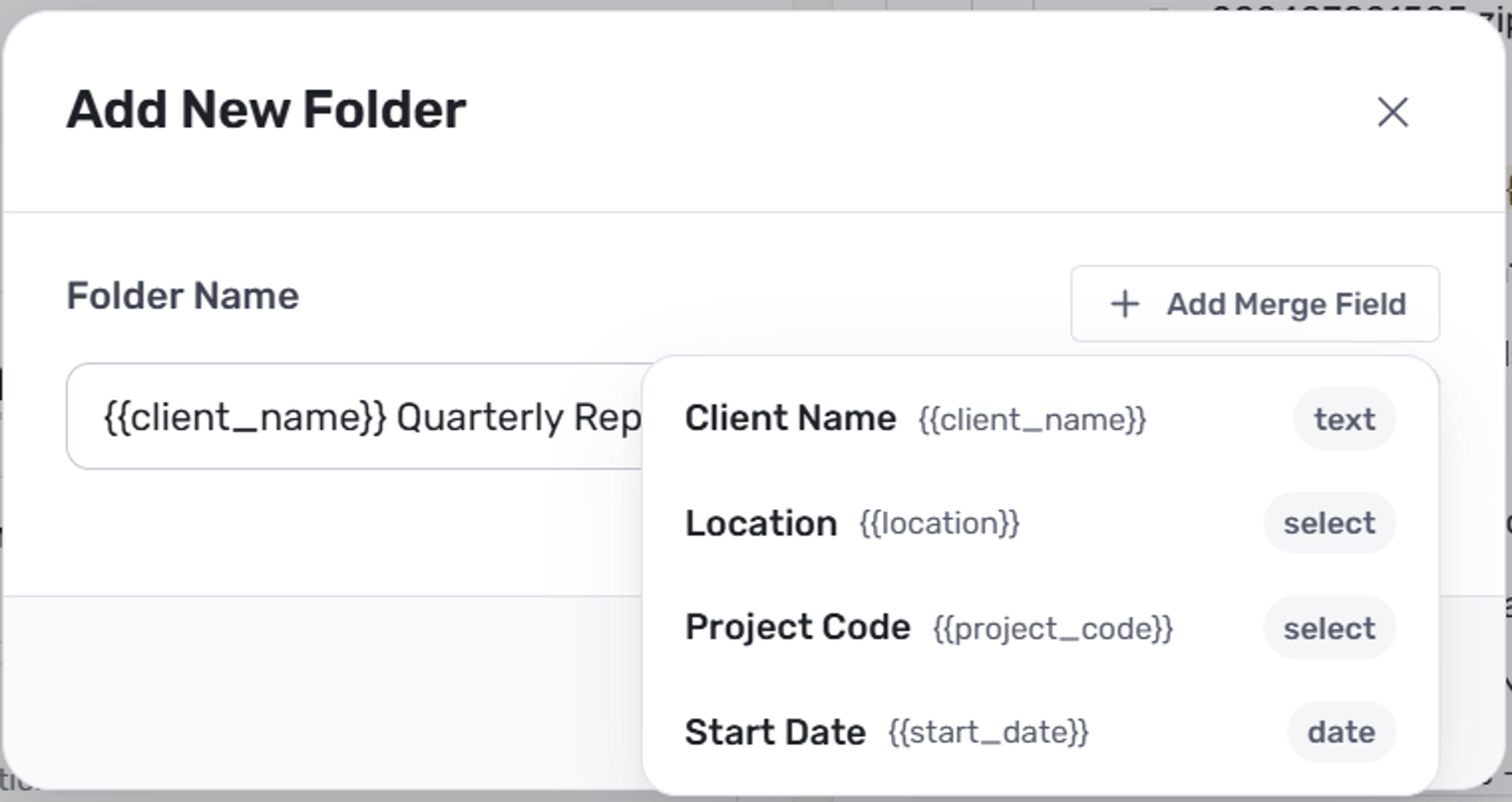 FolderPal add-folder screen showing merge fields available inside a folder name
