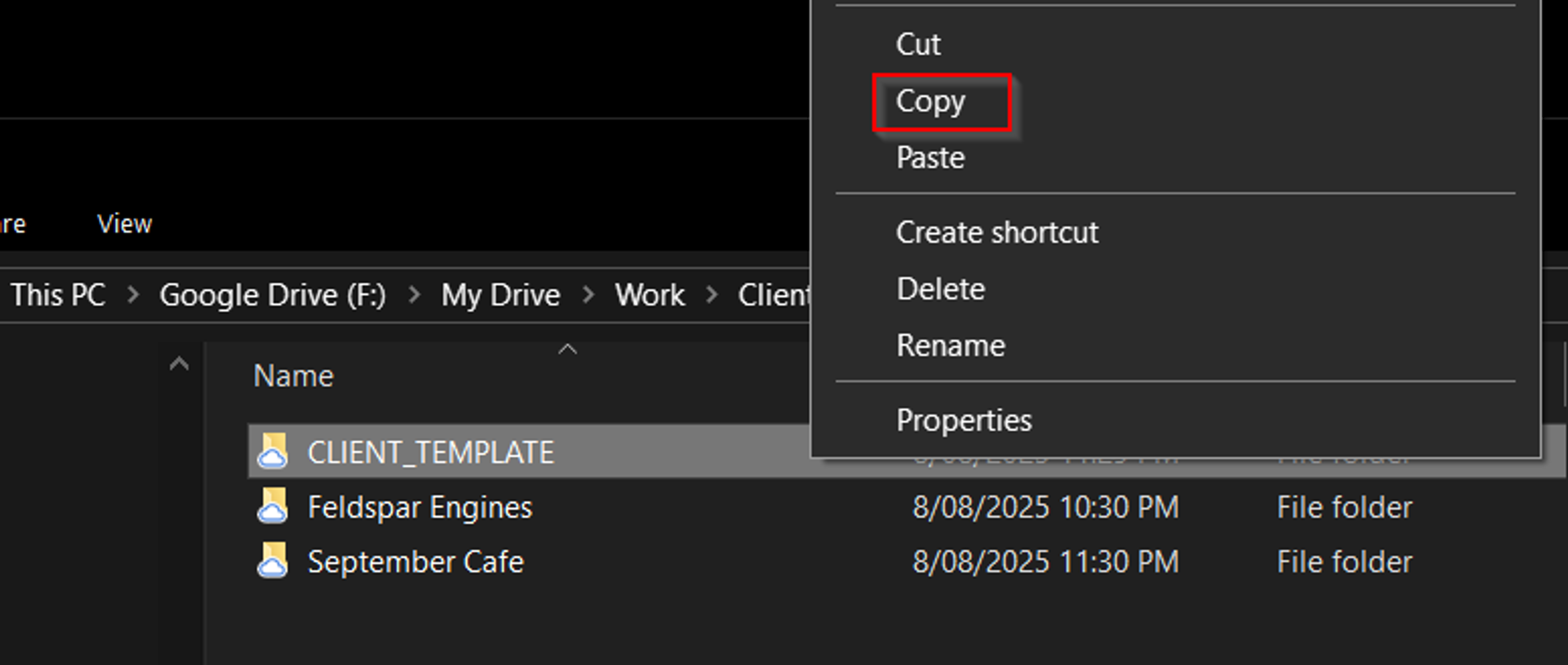 Google Drive desktop folders with right click menu active and "Copy" highlighted