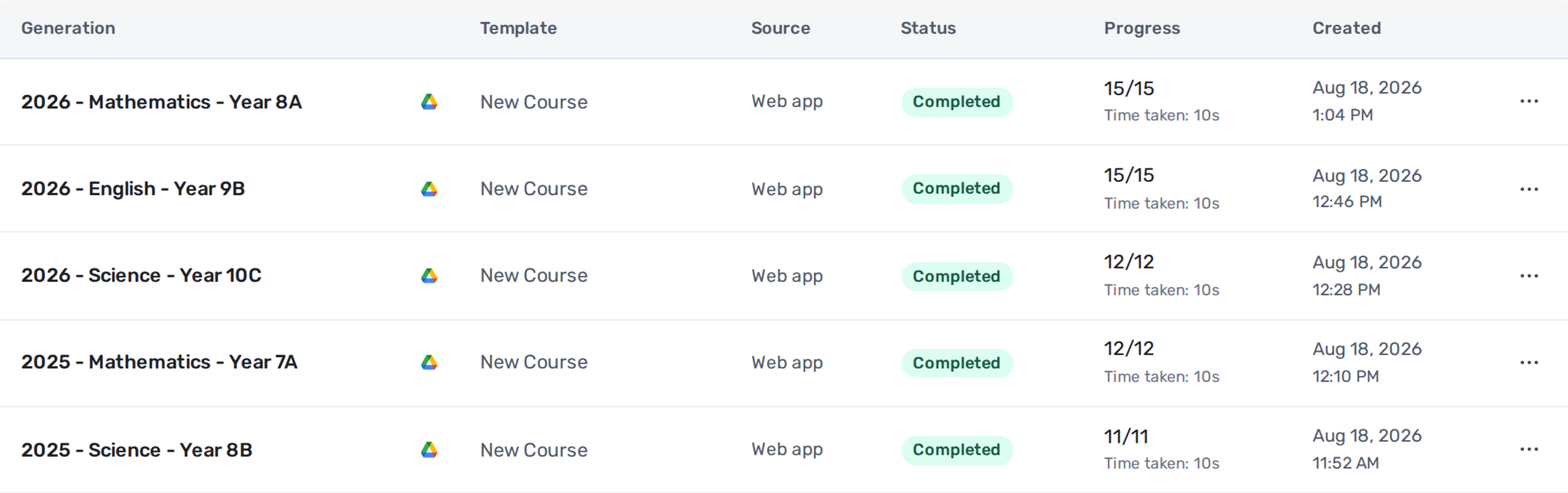Generation history showing completed New Course runs for multiple subjects, school years, and classes