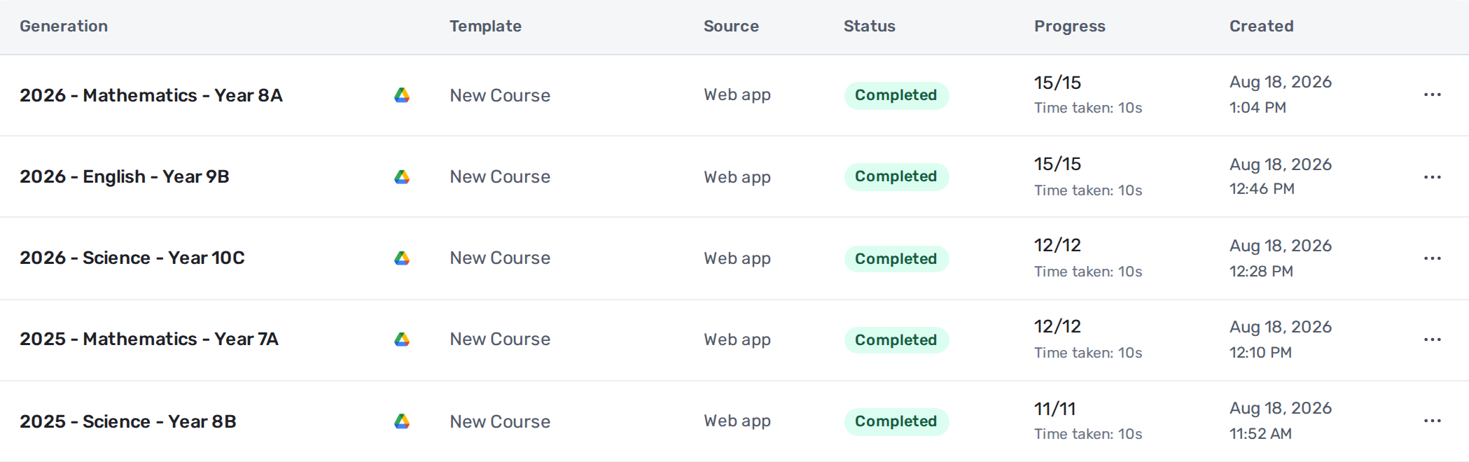 Generation history showing completed New Course runs for multiple subjects, school years, and classes