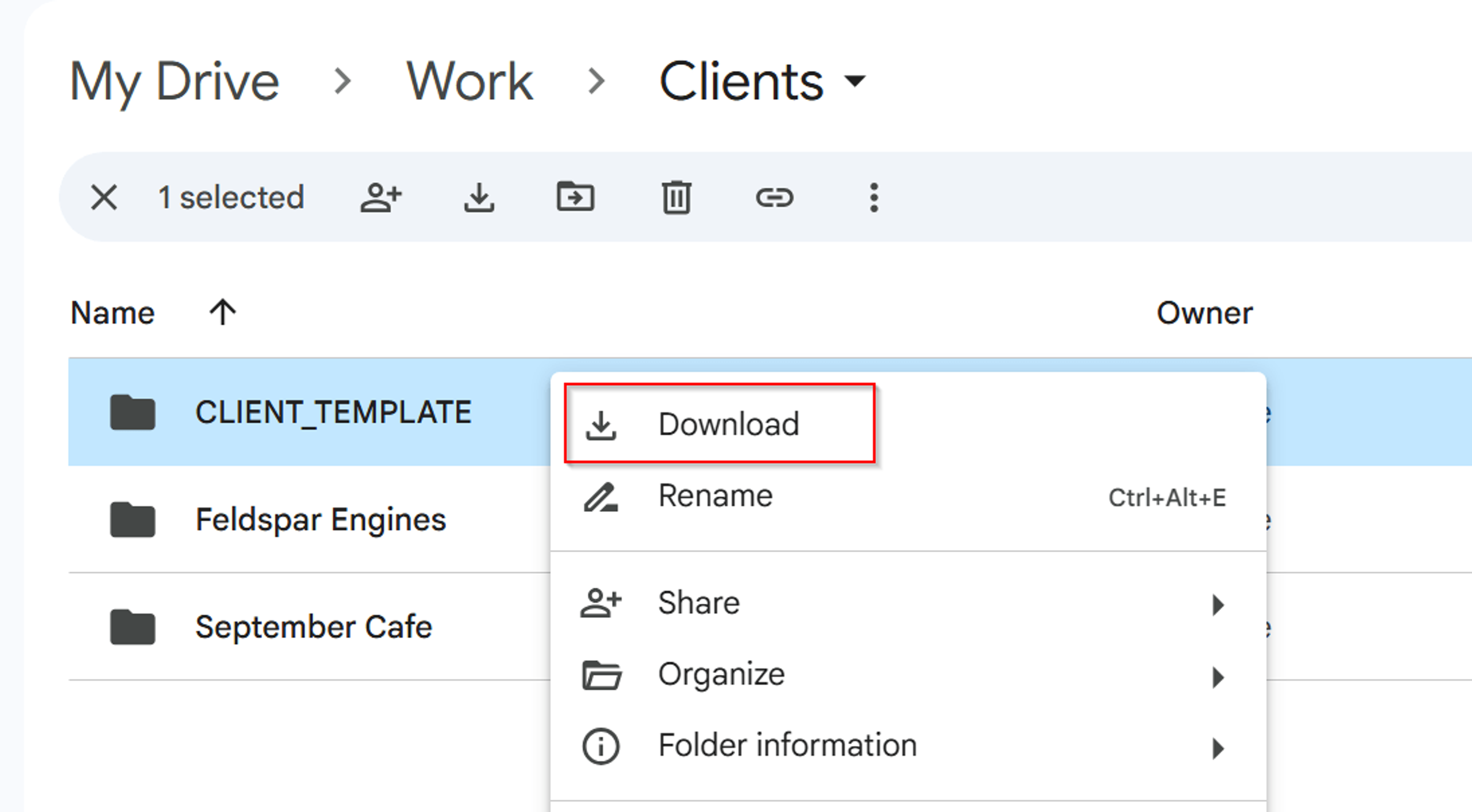 Google Drive folder menu with Download highlighted