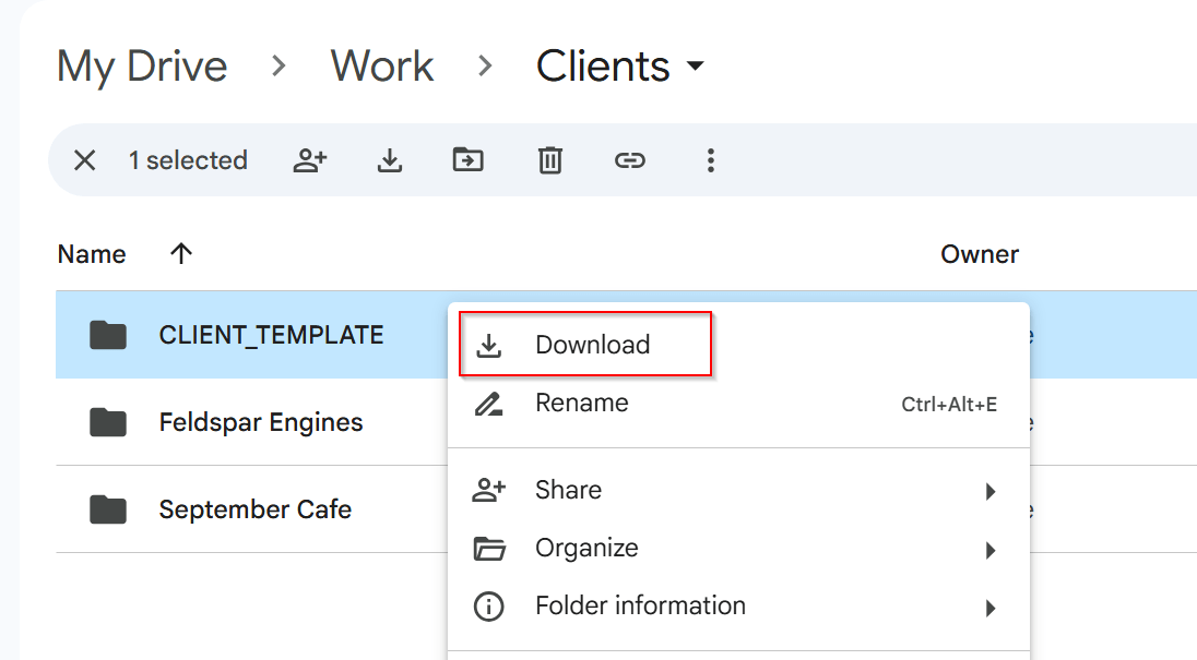 Download your Google Drive folder Google Drive folder menu with Download highlighted