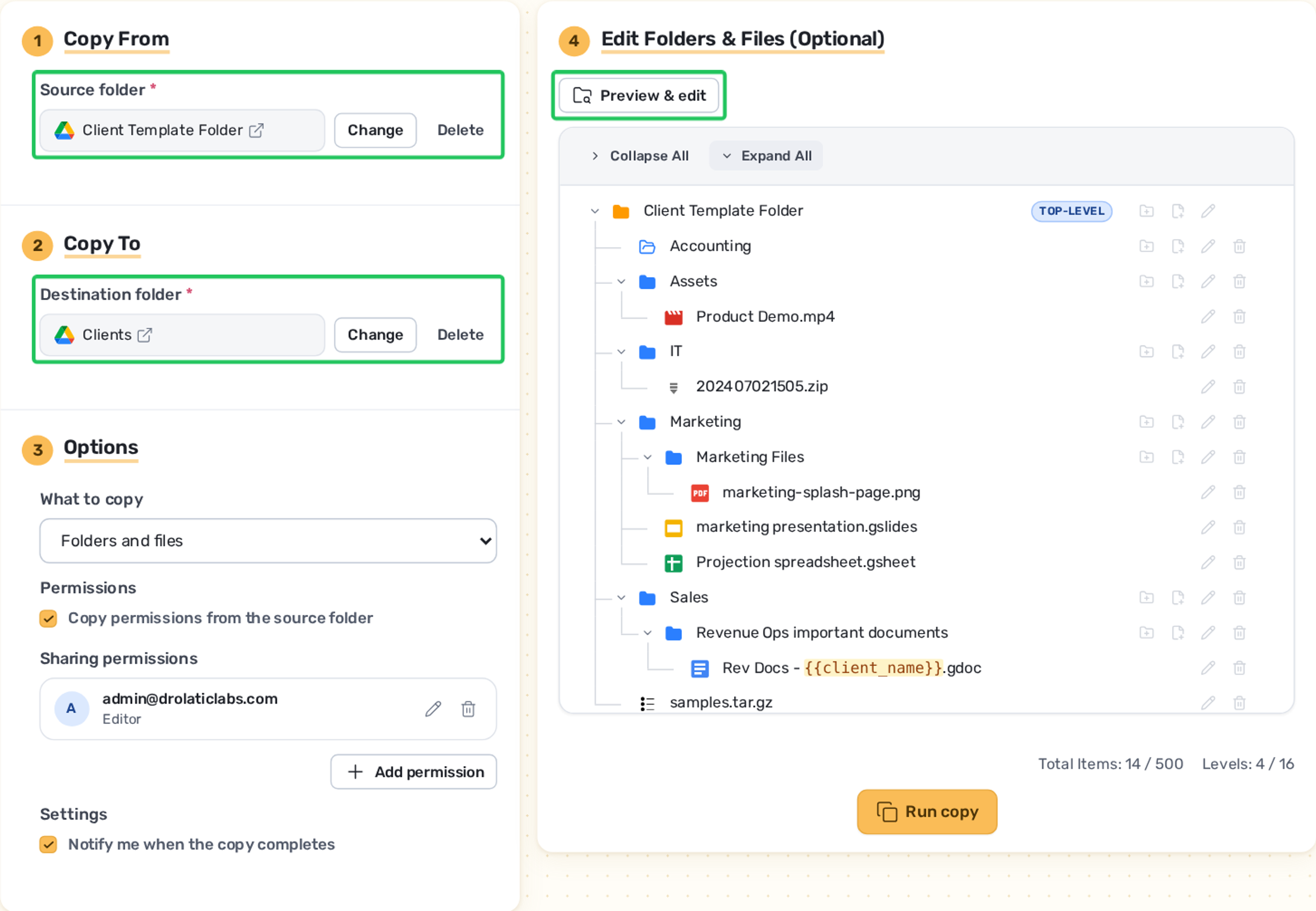 FolderPal source and destination selection with a folder preview