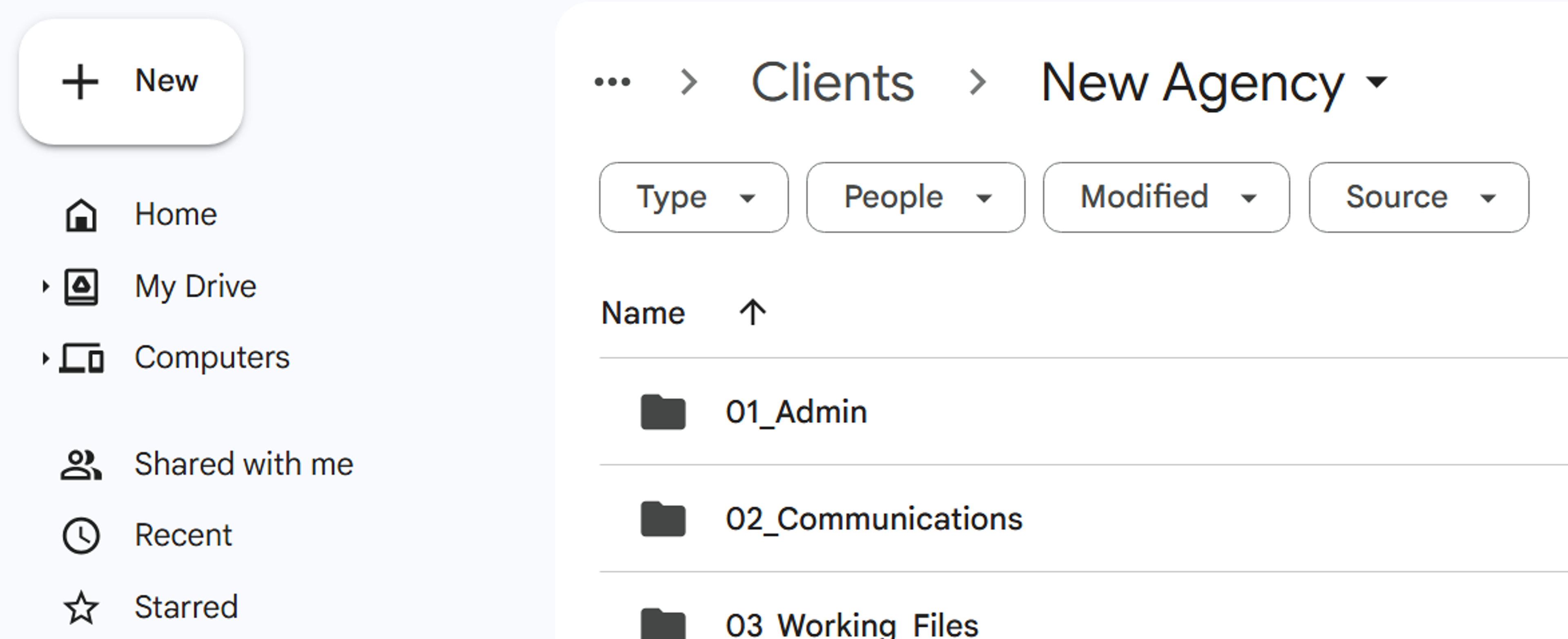 Google Drive web app folder view of "Clients" folder