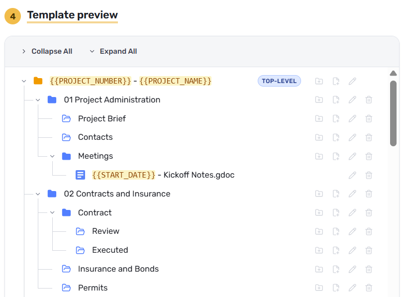 Preview your folder tree A folder tree, merge-field values, and action items to edit the tree