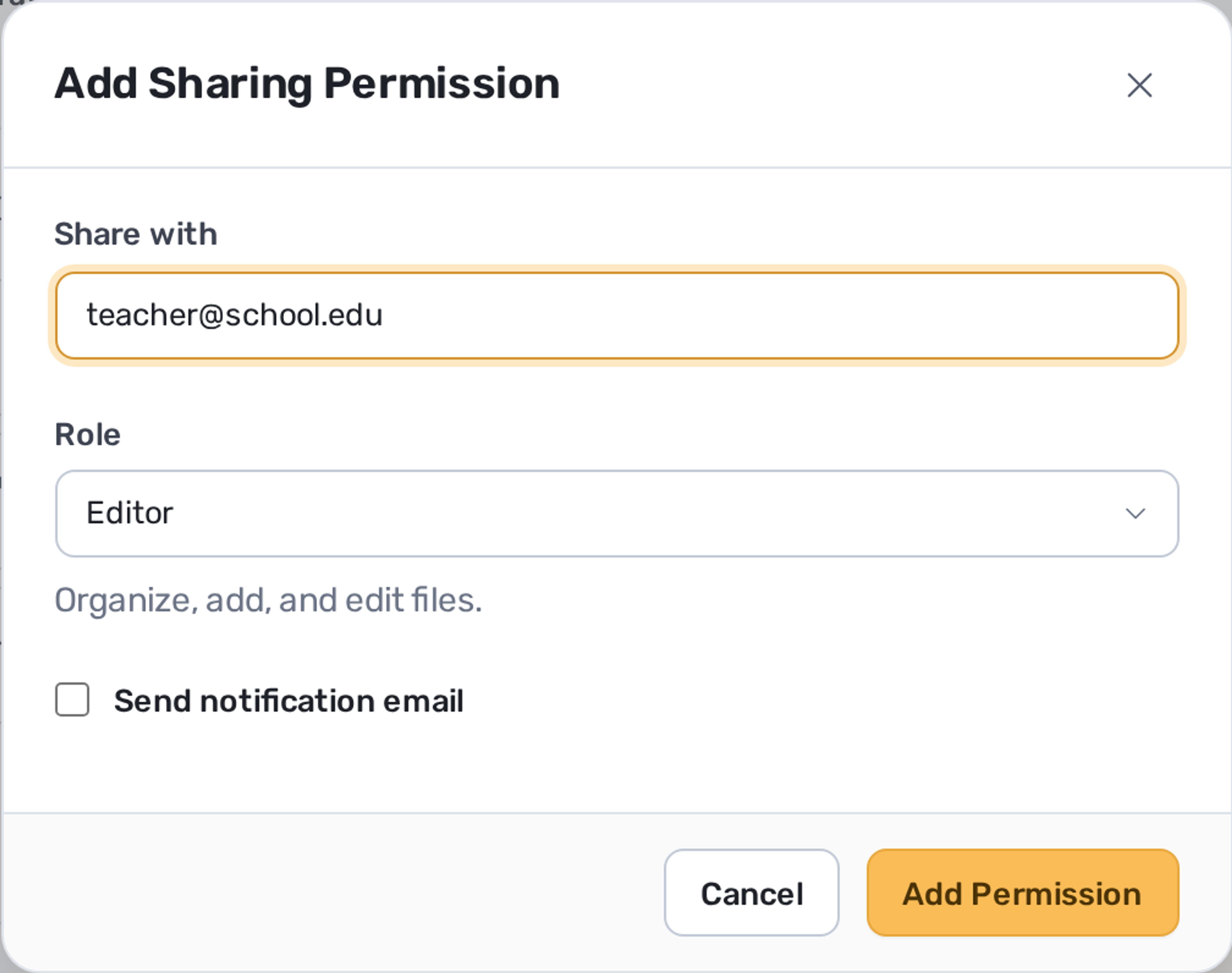 Add Sharing Permission dialog configured to share course folders with a teacher as an editor