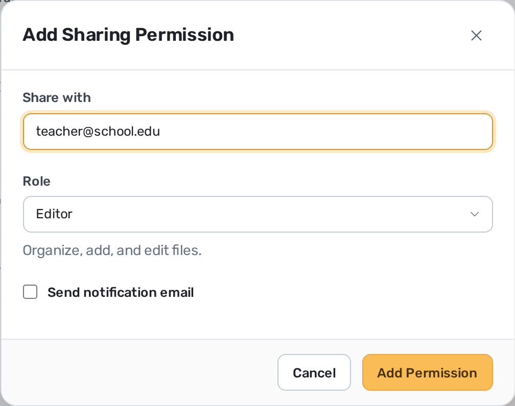 Add Sharing Permission dialog configured to share course folders with a teacher as an editor