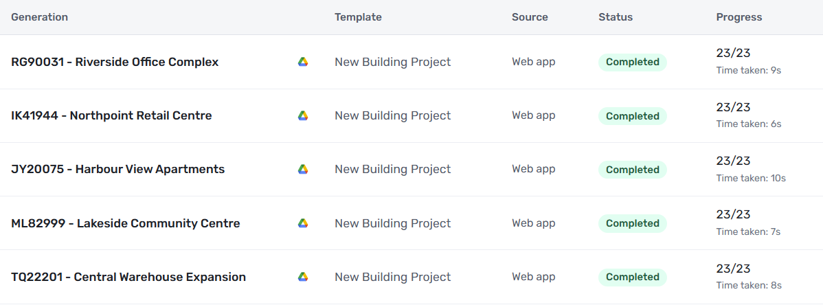 Create folders from reusable building project templates Table with columns indicating template, generation, and status