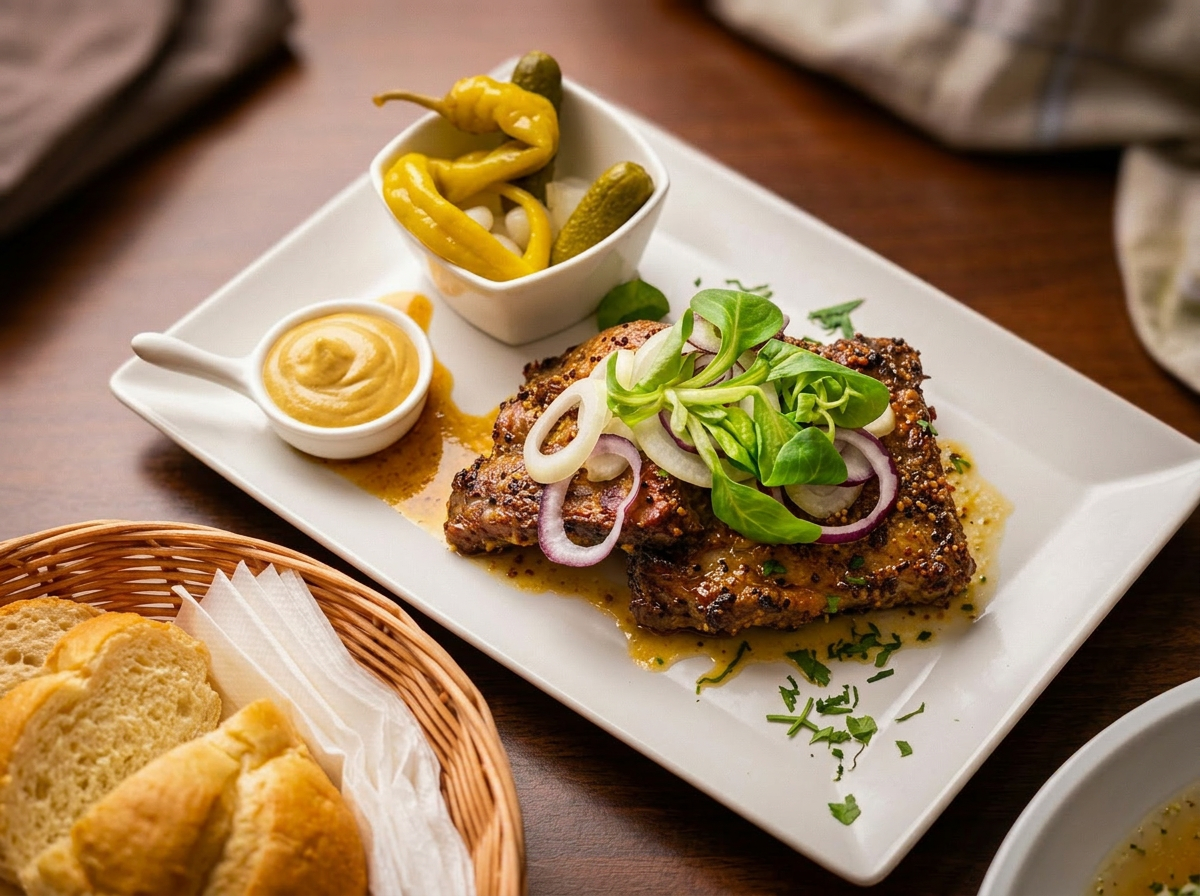 Hořčicový vepřový steak s okurkou a cibulí