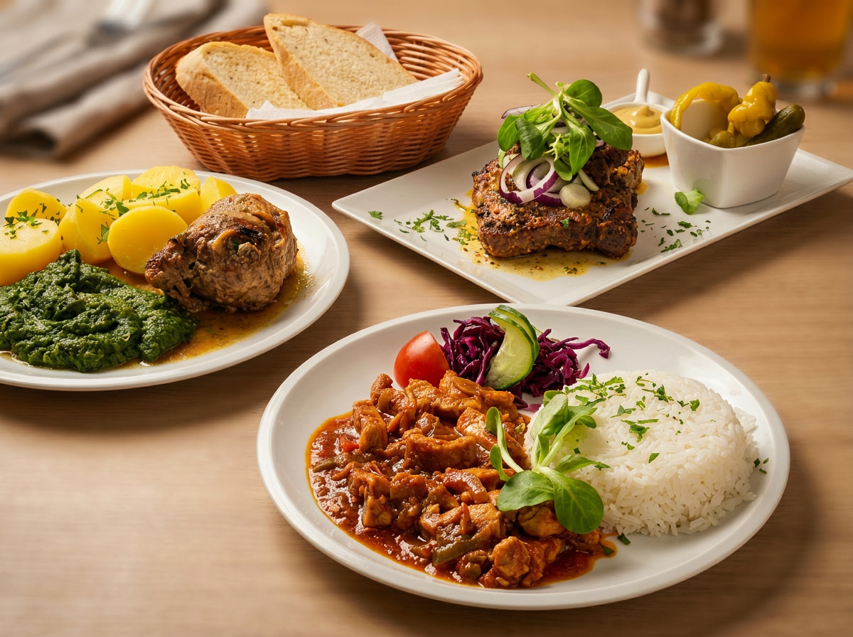 Výběr z jídel: kuře, sekaná, hořčicový steak