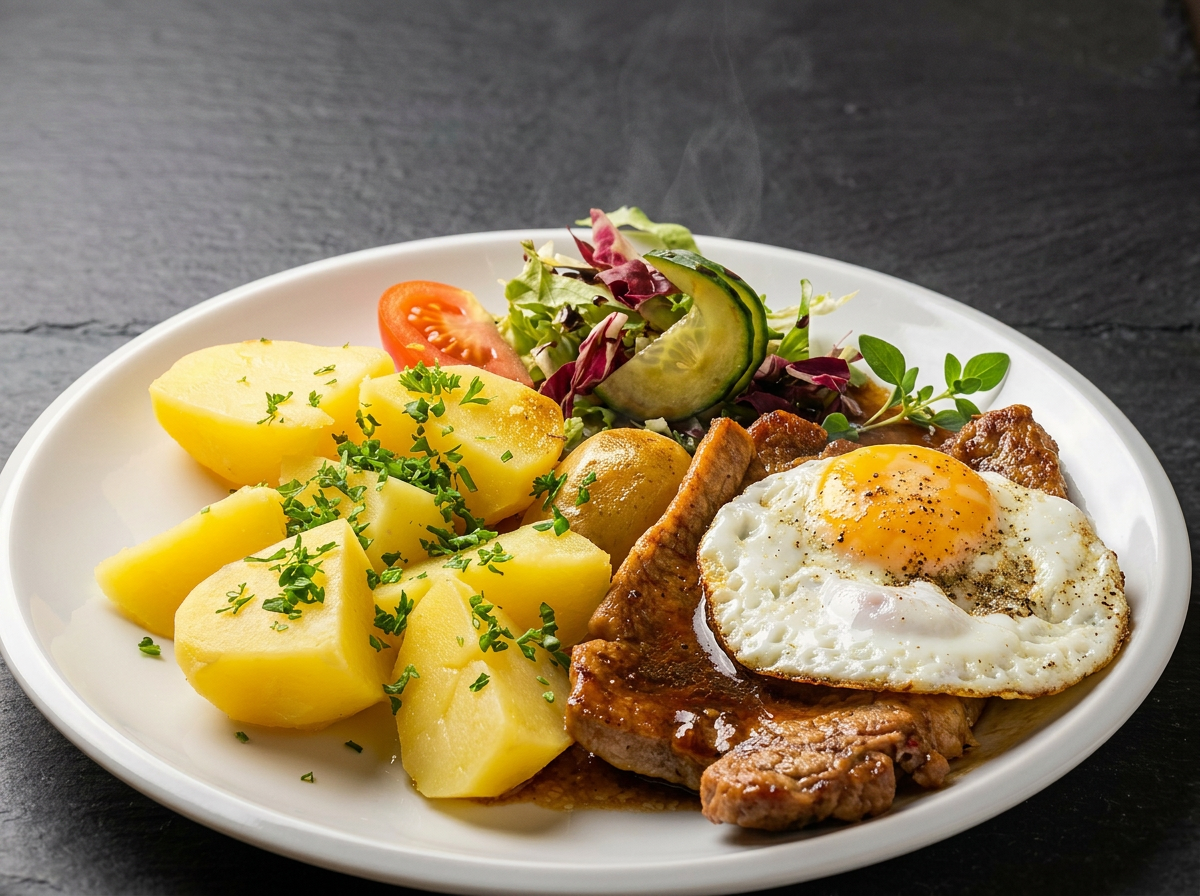 Vepřový steak s volským okem, brambory a salát