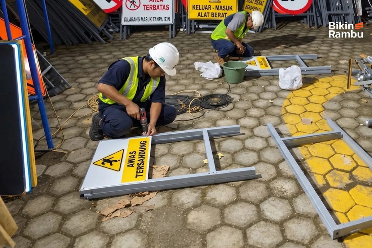 Proses pembuatan rambu K3 di workshop Bikin Rambu