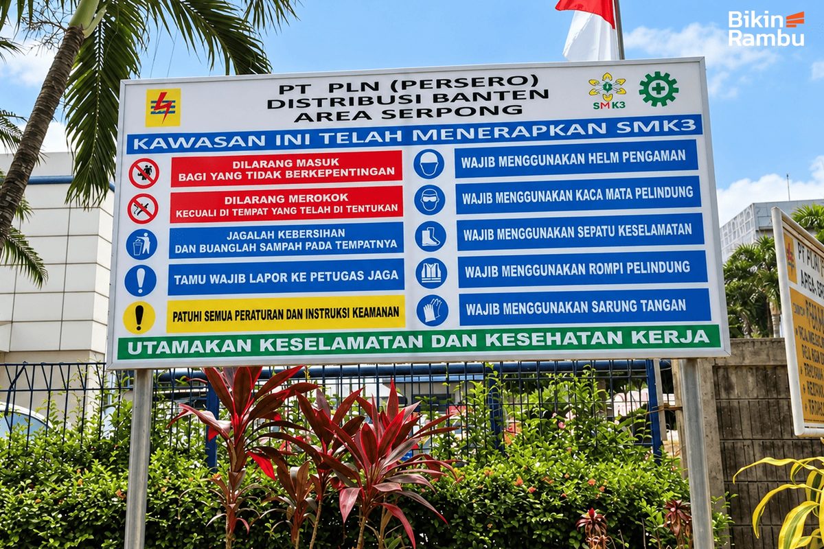 Papan keselamatan dan kesehatan kerja PLN berisi larangan dan perintah K3
