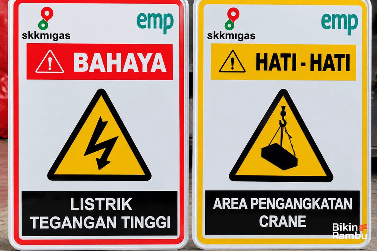 Rambu peringatan bahaya listrik tegangan tinggi dan area pengangkatan crane SKK Migas