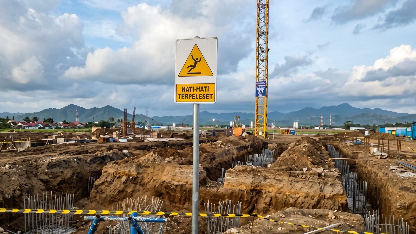 Rambu K3 hati-hati terpeleset terpasang di area proyek