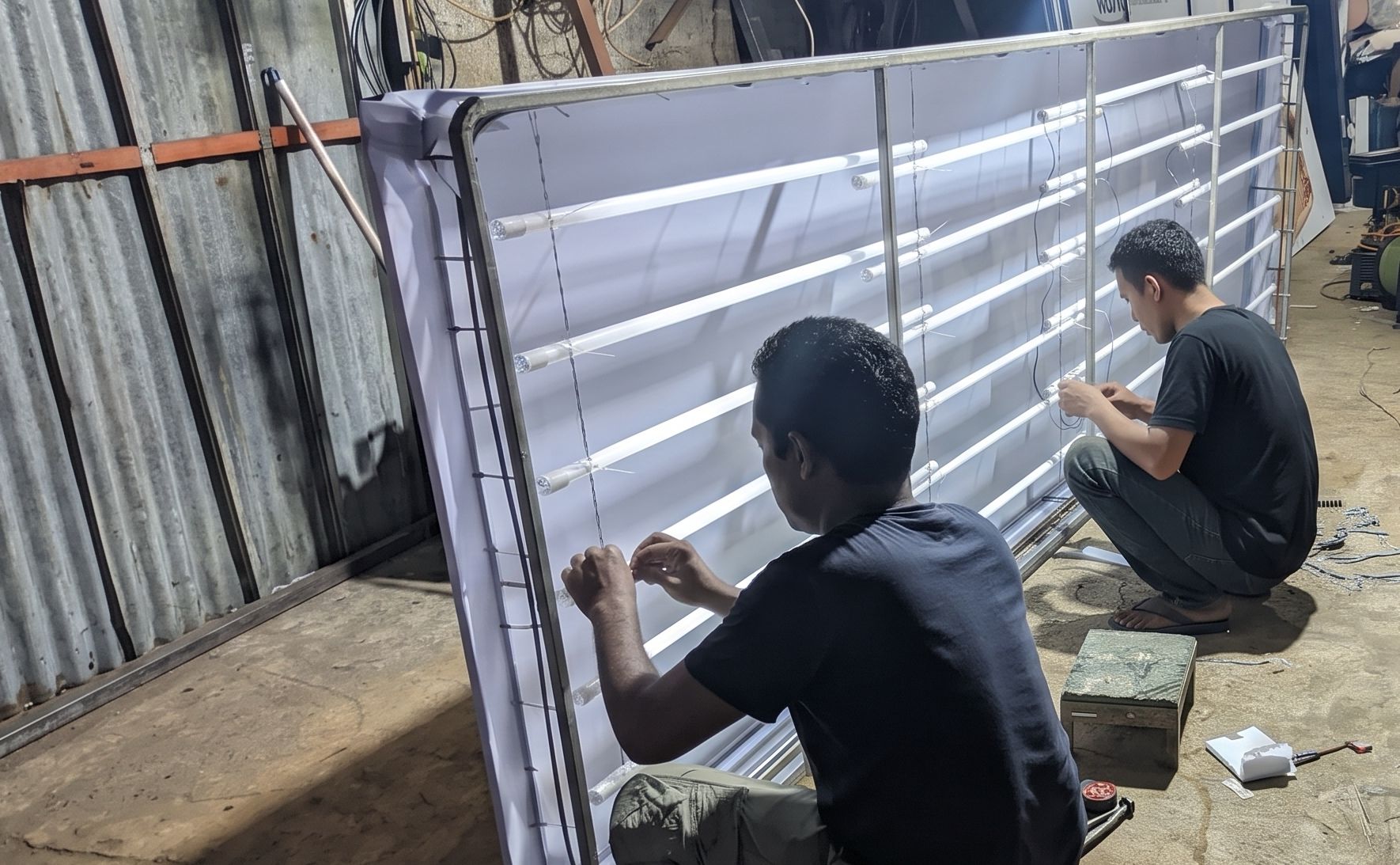 Proses produksi neon box flex face di workshop Bikin Rambu