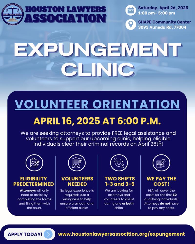Expungement Clinic Volunteer Orientation event flyer