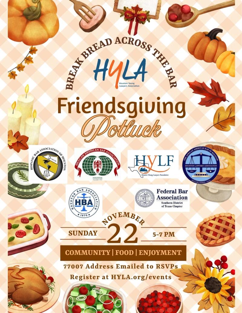 Friendsgiving Event flyer with date, time, and location.
