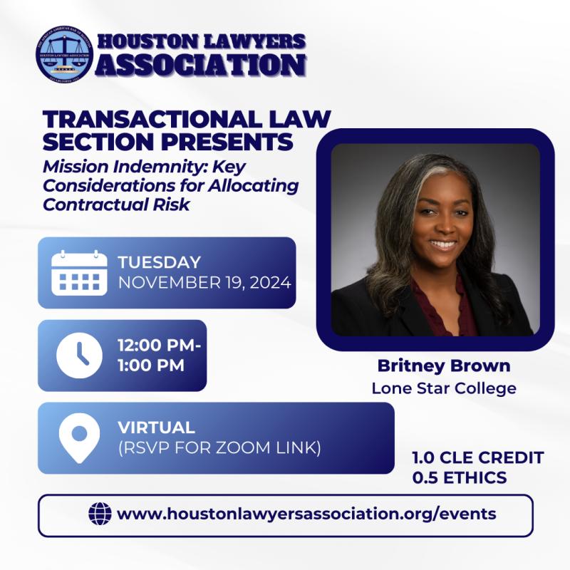 Transactional Law Section Presents: Mission Indemnity- Key Considerations for Allocating Contractual Risk event flyer