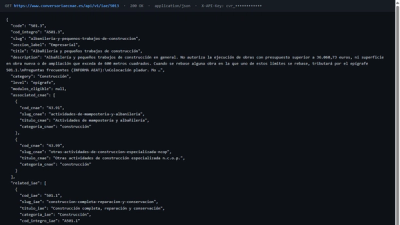 Respuesta JSON de la API con el detalle de un epígrafe IAE, base del caso real de validación bancaria