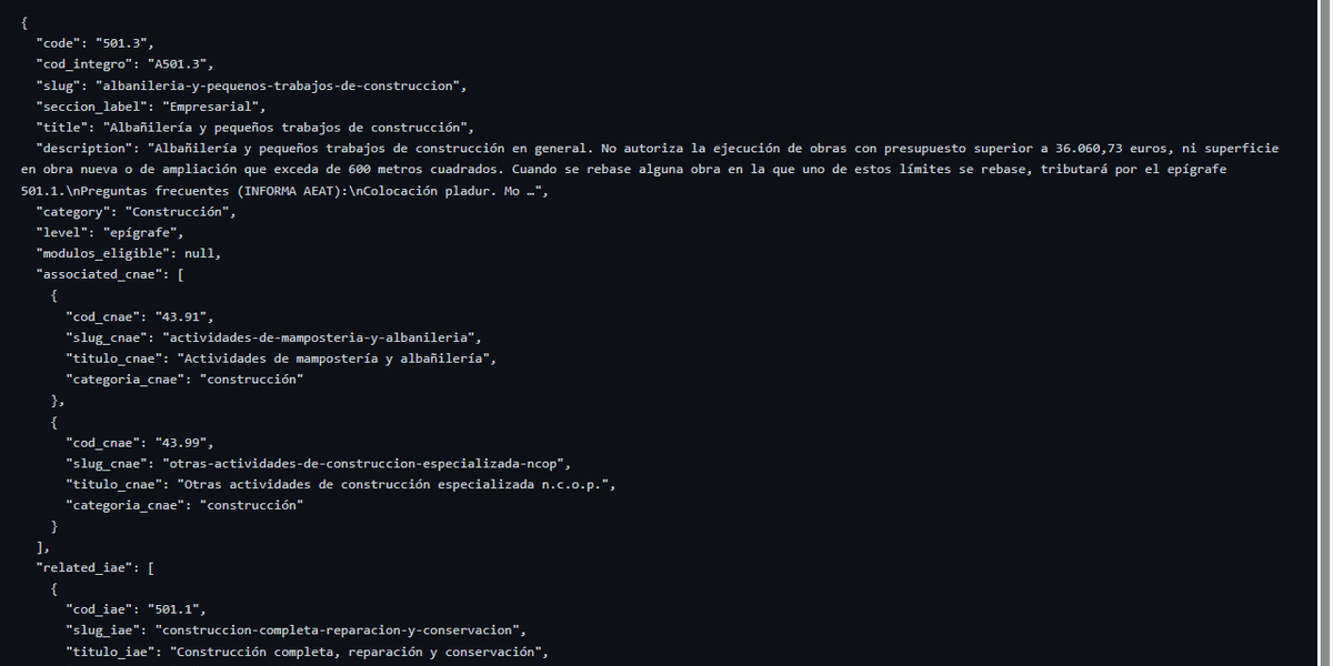 Respuesta JSON de la API con el detalle de un epígrafe IAE, base del caso real de validación bancaria
