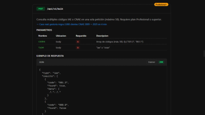 Documentación del endpoint POST /api/v1/bulk para consultar hasta 50 códigos IAE o CNAE por petición