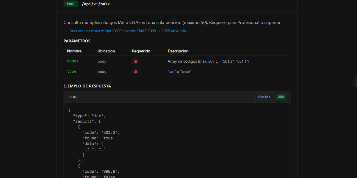 Documentación del endpoint POST /api/v1/bulk para consultar hasta 50 códigos IAE o CNAE por petición
