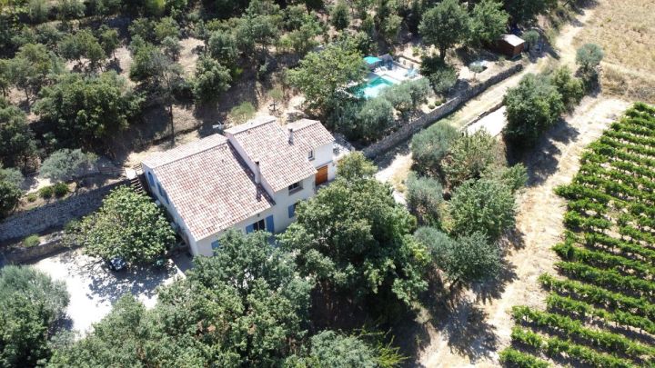 Le domaine vu du ciel : la bastide, la piscine et les vignes