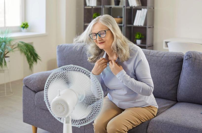 Woman cooling off in front of a fan