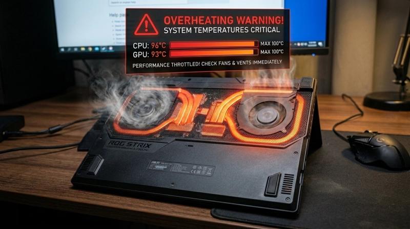 Laptop cooling fan and vents with a temperature warning overlay