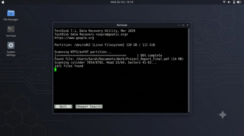 Linux terminal showing TestDisk data recovery tool scanning a disk partition