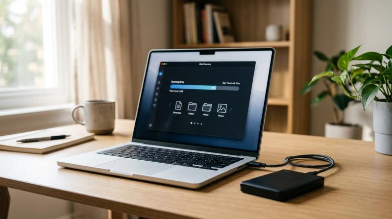 Laptop showing a data recovery software scanning a formatted hard drive