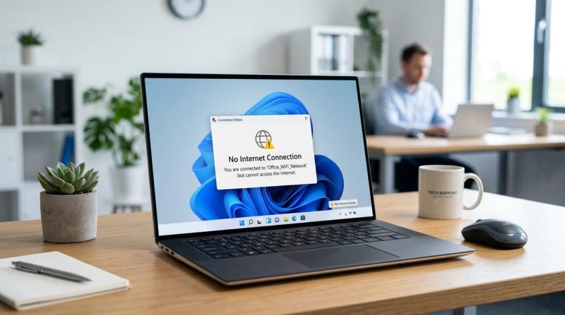 Windows laptop showing a Wi-Fi connection error with no internet access