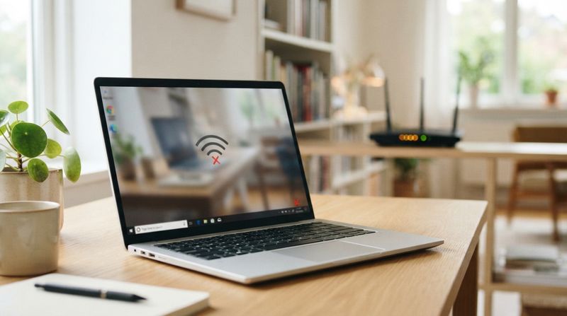 Laptop showing a disconnected Wi-Fi icon on the taskbar in a home office