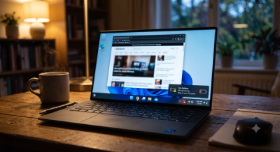 Windows laptop showing a low battery warning on the taskbar