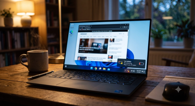 Windows laptop showing a low battery warning on the taskbar