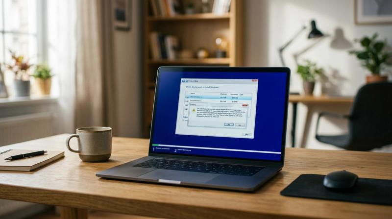 Windows installation screen showing a disk partition selection error on a laptop