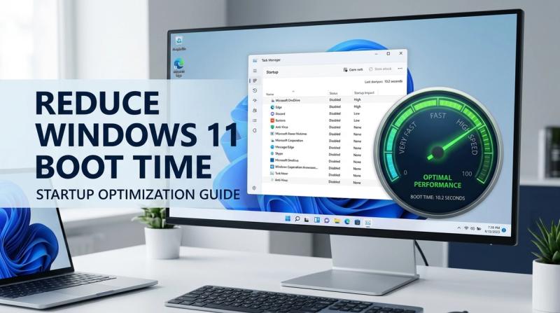 Windows 11 desktop boot screen with a stopwatch overlay showing slow startup time