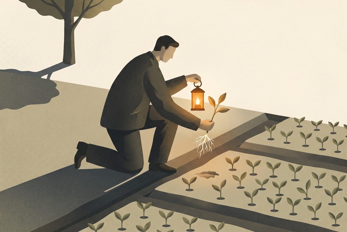 A person crouched over a newly sown garden bed at dusk with a lantern, holding one seedling they have just pulled up to inspect its roots.