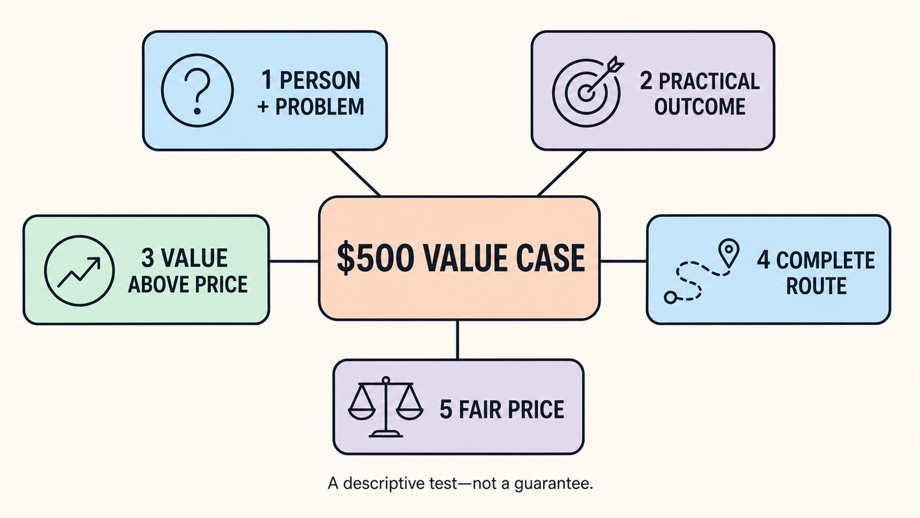 A five-part $500 value case covering the person and problem, practical outcome, value above price, complete route, and fair price