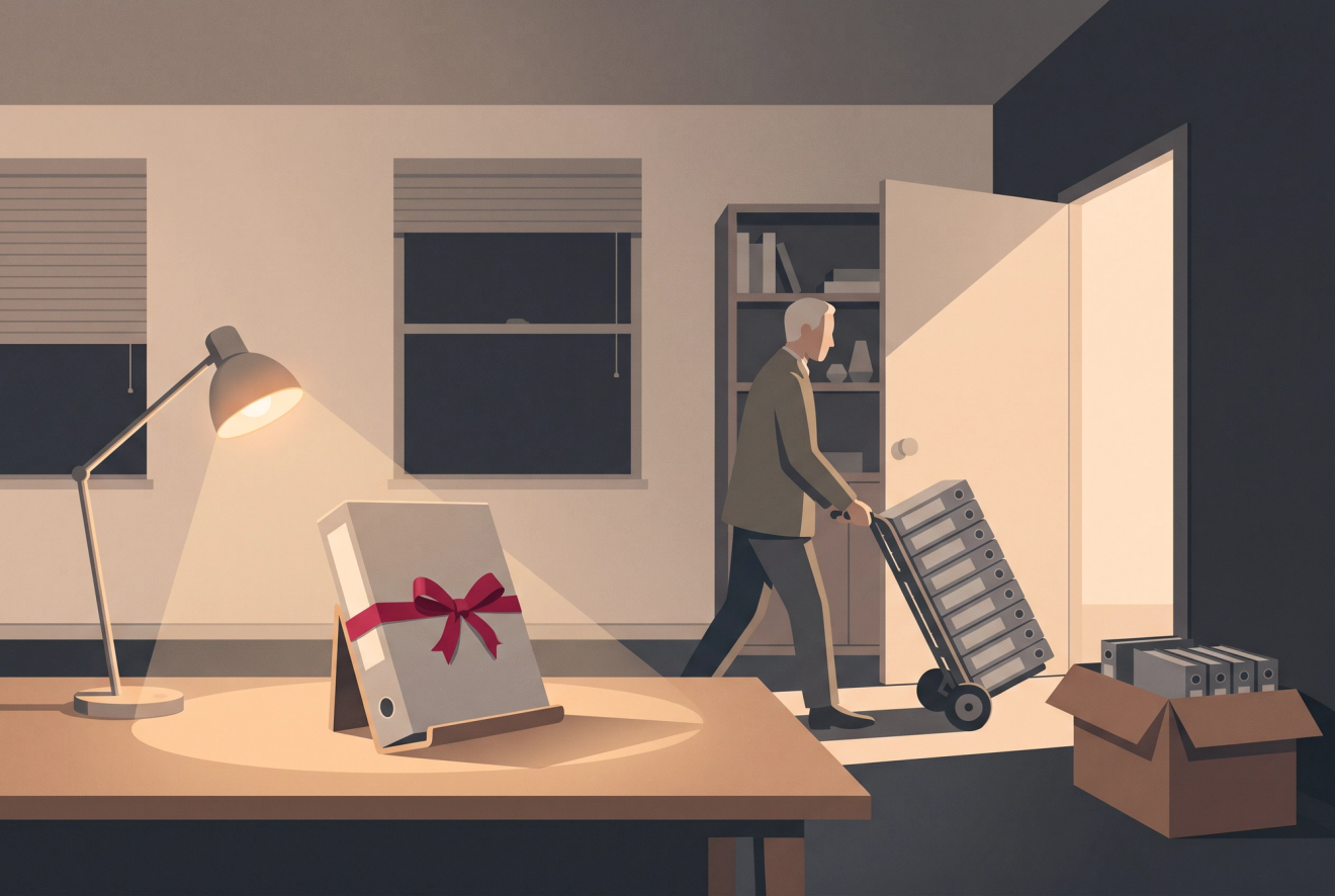 A course creator's home office at evening: one course binder displayed like a prize with a crimson ribbon sits untouched in the desk lamp's light, while a figure wheels a handcart stacked with plain gray binders out the door.