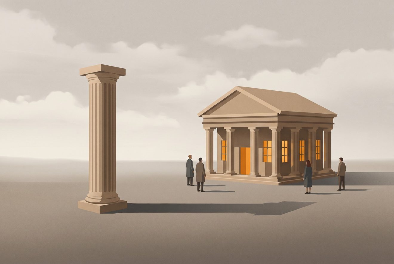 A single classical column stands alone holding nothing under open sky.