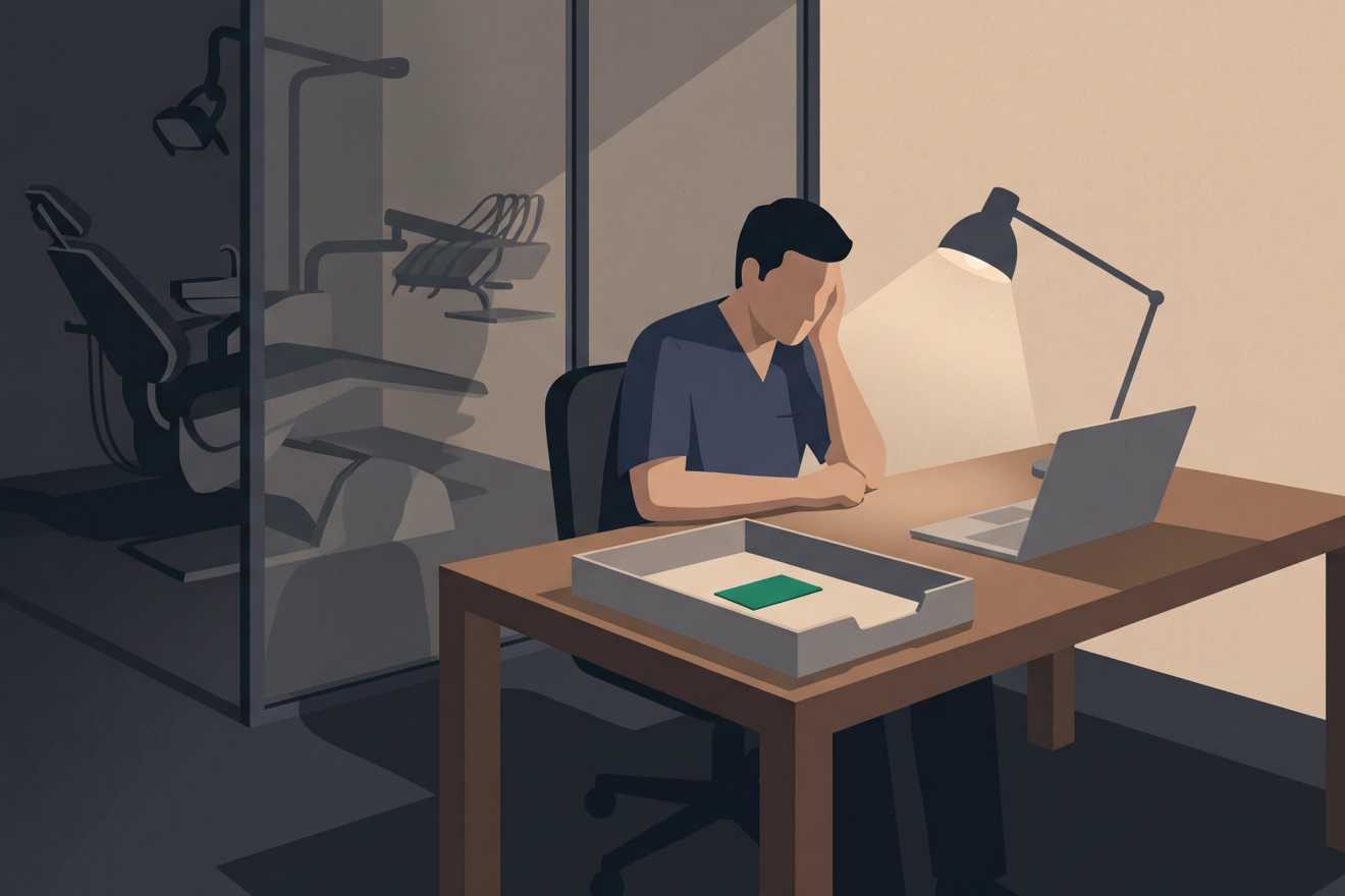 A dentist in scrubs sits at his office desk after closing, chin on his hand, under one desk lamp; the treatment room is dark behind the glass, and the wide document tray in front of him is empty except for a single green card.