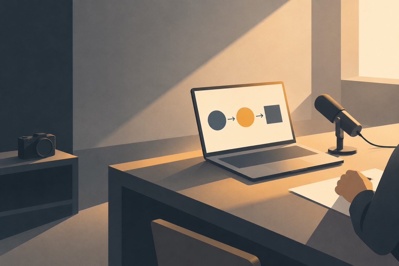 A laptop lesson and microphone sit on a sunlit desk while a capped camera rests on a shelf in shadow.
