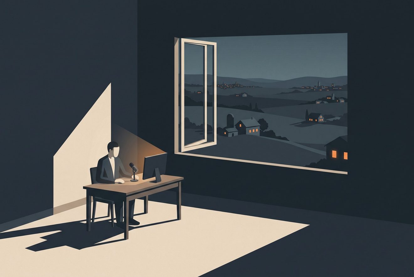 An ordinary small room at night — desk, microphone, one screen — with the curtains open.