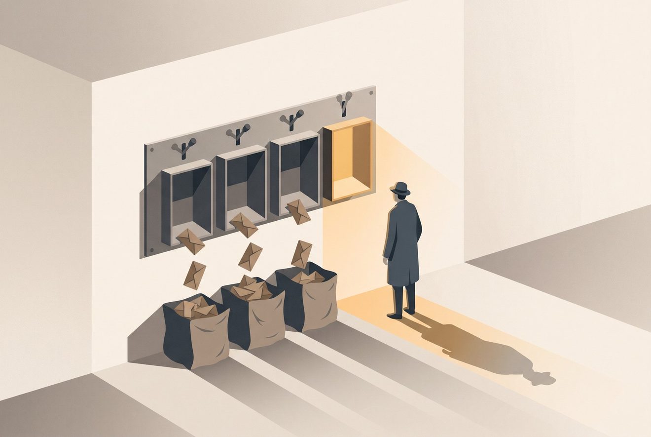 A wall-mounted sorting frame with four separate chutes, each fed by its own small lever.