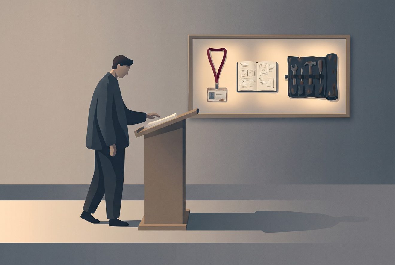 A person hesitates at the base of a lectern; above it, their ordinary work things — a worn badge, a used notebook, well-kept tools.