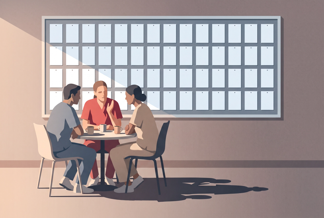 Three colleagues in scrubs lean close over coffee in a hospital break room, one speaking, in front of a large notice board of identical blank notices.