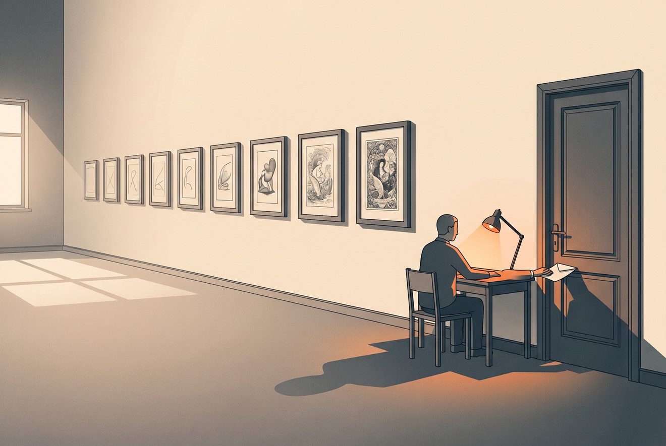 A studio wall hung with a long row of finished work running the length of the room, each piece plainly finer than the last.